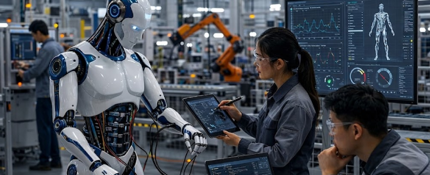 humanoid robot calibrated by engineers using tablet and laptop in an industrial manufacturing facility.